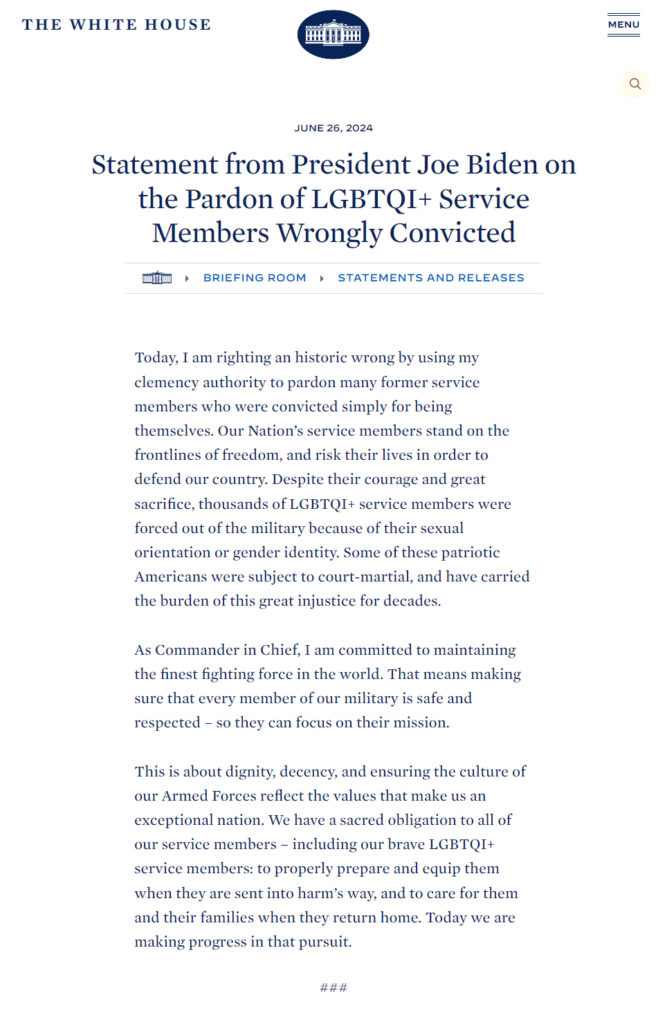 june 2024 presidential pardon from president biden regarding lgbtq